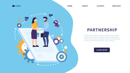 Wall Mural - Vector illustration. Concept of partnership between two business people. Businesswoman negotiates a contract with a partner. The process of agreements and the signing of a contract Vector Landing Page