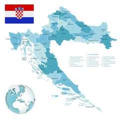 Wall Mural - Croatia administrative blue-green map with country flag and location on a globe.