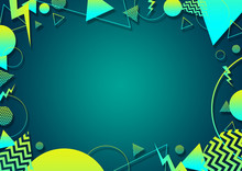 A Green, Cyan And Yellow Retro Vaporwave 90's Style Random Geometric Shapes Border With Vibrant Neon Color Palette On A Radial Gradient Background