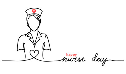 Wall Mural - Happy Nurse Day simple vector web banner, background. Nurse day lettering. One continuous line drawing.