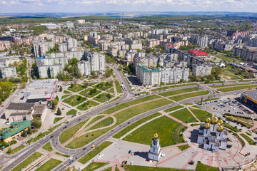 Aerial view on Church of the Nativity of the Blessed Virgin Mary in Sykhiv, the largest residential area in Lviv, Ukraine from drone. John Paul II Square