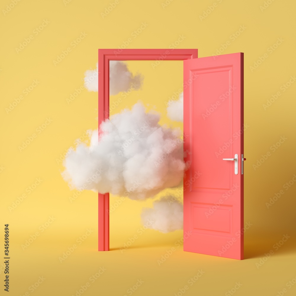 3d render, white fluffy clouds going through, flying out, open red door, objects isolated on bright yellow background. Abstract metaphor, modern minimal concept. Surreal dream scene - obrazy, fototapety, plakaty 