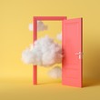 3d render, white fluffy clouds going through, flying out, open red door, objects isolated on bright yellow background. Abstract metaphor, modern minimal concept. Surreal dream scene