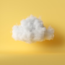 3d Render, White Fluffy Cloud Levitating Inside The Room. Object Isolated Yellow Background, Modern Design, Abstract Metaphor.