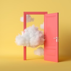 3d render, white fluffy clouds going through, flying out, open red door, objects isolated on bright 