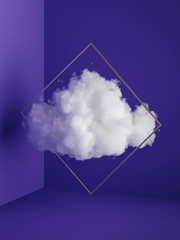 Wall Mural - 3d render, white fluffy cloud flying through the golden square frame. Minimal room interior. Levitation concept. Objects isolated on violet blue background, modern design, abstract metaphor.
