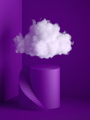 Wall Mural - 3d render, white fluffy cloud above the cylinder pedestal, spiral stairs, steps, round podium, minimal room interior. Isolated objects, purple background, modern design, abstract metaphor