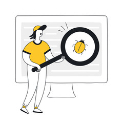 Website programming and coding. Bug finding and fixing, debugging, web development, software testing metaphor. Developer with a magnifier. Flat thin line vector illustration on white background.