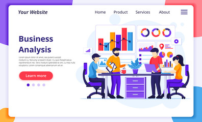 Wall Mural - business analysis concept, people sitting on desk work with charts and graphic data visualization. m