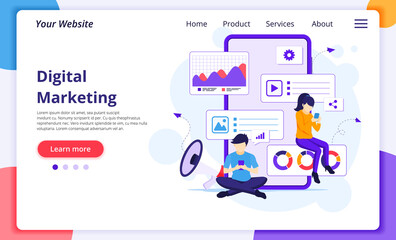 Wall Mural - digital marketing concept with people works near a giant smartphone. modern flat web page design for