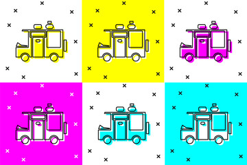 Poster - Set Rv Camping trailer icon isolated on color background. Travel mobile home, caravan, home camper for travel.  Vector Illustration