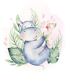 Hand drawn cute isolated tropical summer watercolor hippo animals. hippopotamus baby and mother cartoon animal illustrations, jungle tree, brazil trendy design. Aloha collection.