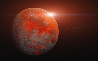 Wall Mural - red rock and lava fiction planet in outer space with lens flare of rising sun. elements of the image