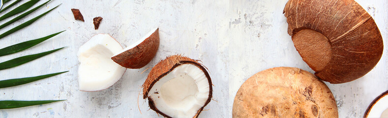 Pieces of coconut and leaves of a tropical tree on a light textured background. A narrow banner. Copy of the space. The view from the top.