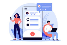 People using appointment business application. Man and woman planning meeting with online app. Vector illustration for internet technology, mobile calendar concept