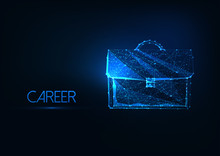 Futuristic Business Career Concept With Glowing Low Polygonal Brief Case On Dark Blue Background.