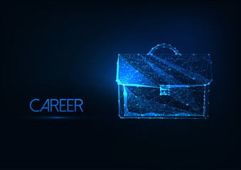 Wall Mural - futuristic business career concept with glowing low polygonal brief case on dark blue background.