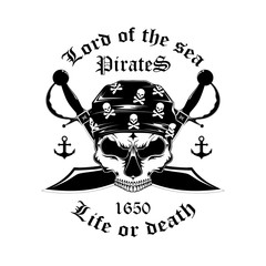 Canvas Print - Monochrome image of a pirate skull with swords. Emblem on a white background.