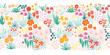 Doodle flower meadow seamless vector kids border. Repeating colorful line art floral pattern. Use for fabric trim, ribbons, card decor, letters, frames, spring and summer decor