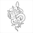 Hand drawing outline snake with flowers. Tattoo snake for Henna drawing and tattoo template. Vector illustration