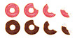 Bitten donut with sprinkles on isolated background. Cartoon tooth bite doughnut. Chocolate cake or biscuit for snack. Collection of tasty pastry from bakery. Candy glazed delicious donuts. vector.