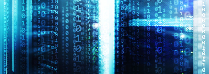 Wall Mural - matrix futuristic theme multiple exposure binary numbers. data center website banner.