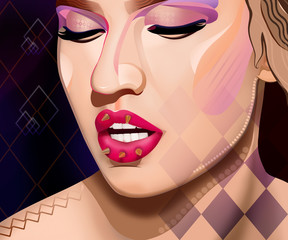 Canvas Print - Illustration of beautiful young model with decorative spikes on lips against color background. Contemporary art