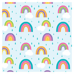 a vector illustration of a cute seamless repeating pattern of cute bright colorful rainbows in a han