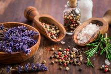 Salt, Pepper With Rosamary And Lavender On Wooden Background
