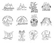 Vintage simple camp logo designs set. Outdoor adventure line art scenes, hiking landscapes bundle. Silhouette linear concept. Stock vector badges