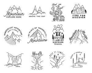 vintage simple camp logo designs set. outdoor adventure line art scenes, hiking landscapes bundle. s