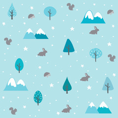 Sticker - Vintage forest seamless pattern with floral, rabbit, squirrel and hedgehog. Winter cold pattern.