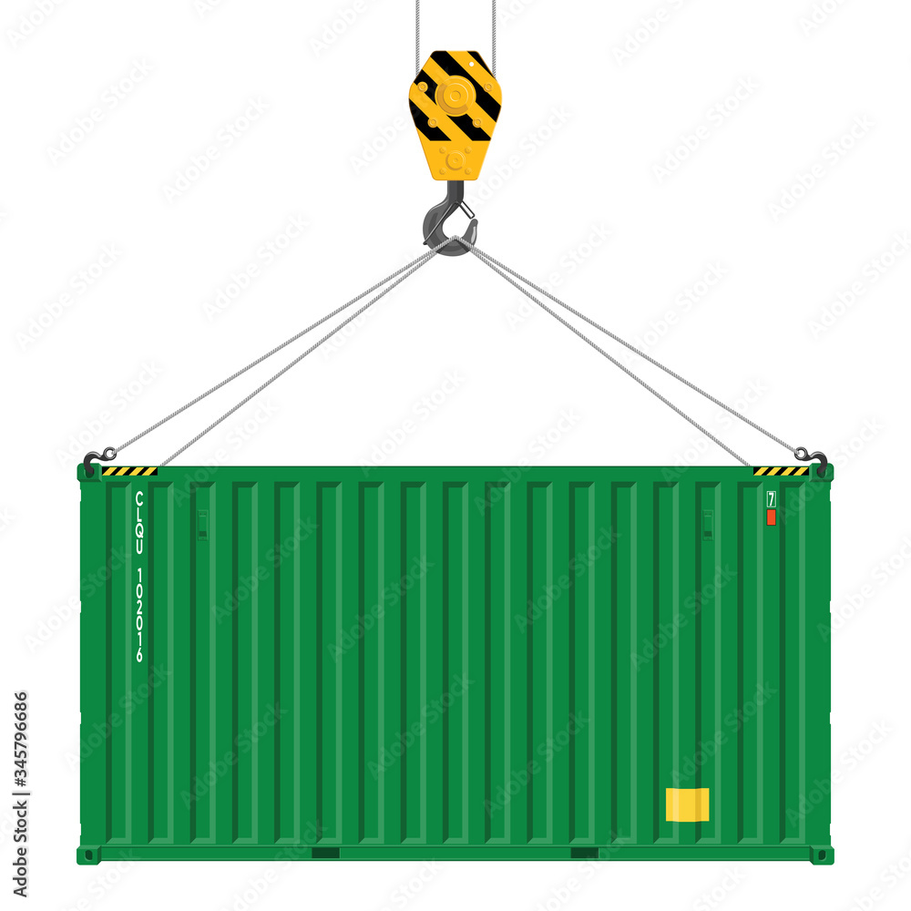 Crane lifts with cargo container. Industrial crane hook and ...