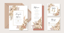 Luxury Beige And Terracotta Boho Wedding Invitation Set With Pampas Grass Dried Leaves, Calla Lily And Orchid Illustration
