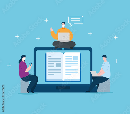 Fotografía people in education online with laptops vector illustration design