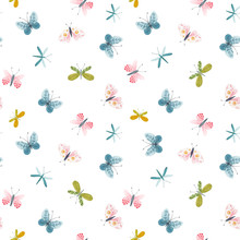 Beautiful Seamless Pattern With Watercolor Hand Drawn Cute Butterflies. Stock Illustration.