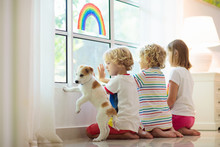 Coronavirus Quarantine. Kids At Window. Stay Home.