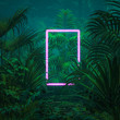 Neon tropical portal / 3D illustration of surreal glowing rectangular portal floating in lush green jungle