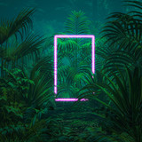 Fototapeta Miasto - Neon tropical portal / 3D illustration of surreal glowing rectangular portal floating in lush green jungle