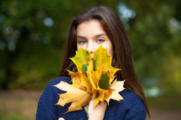 Wall Mural - Pretty brunette little girl posing in autumn park background