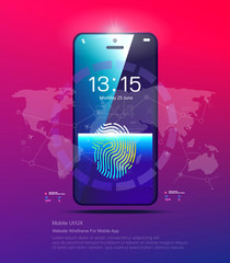 Touchscreen smartphone with fingerprint app. Protect your data around the world. Secure access to your data on the phone. HUD style smartphone app