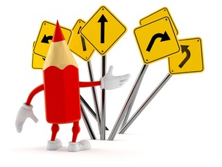 Poster - Colored pencil character confused with road signs