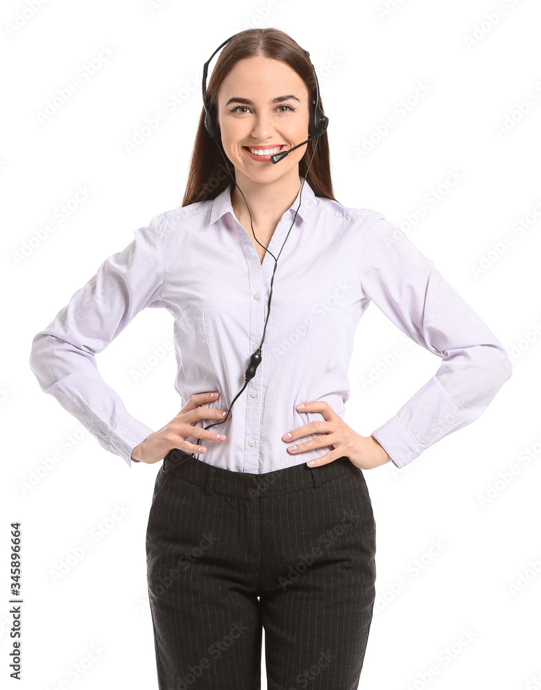 Beautiful young secretary on white background