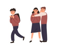 Students Gossiping About Another One And Pointing On Him. Angry Children Abuse Classmate. School Bullying, Harassment. Depressed Boy Suffering From Aggression. Vector Illustration In Flat Carton Style
