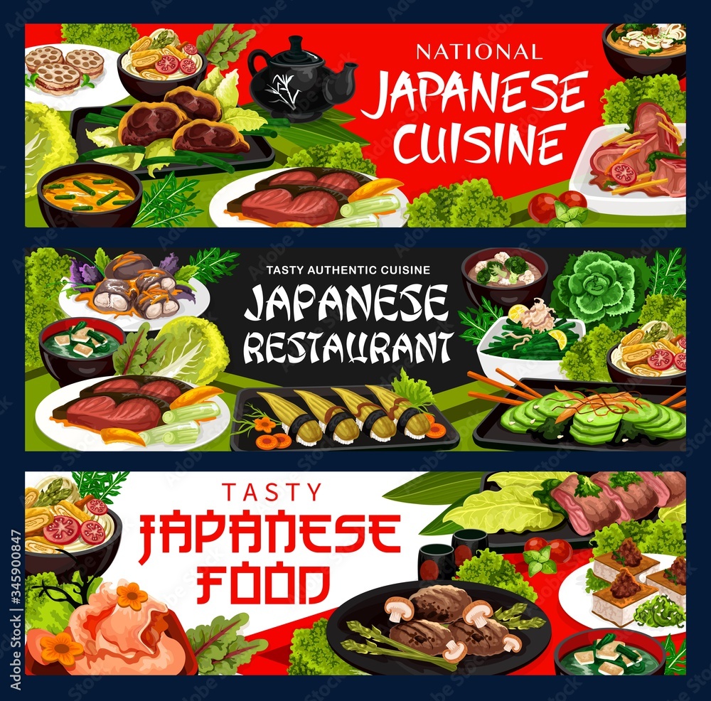 Japanese cuisine restaurant menu, traditional Japan meal dishes ...