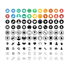 Big set of communication icons. Phone, mobile phone, retro phone, location, mail and web site symbols on isolated background for applications, web, app. EPS 10 vector.
