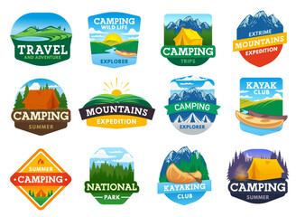 Camping, hiking and travel summer outdoor adventure, vector camp icons. Mountaineering and mountain trekking, eco tourism and travel expedition, national park and kayaking sport emblems