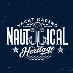 Sticker - Yachting club, sail ship anchor vector t-shirt print mockup on navy blue background. Yacht racing or regatta, nautical heritage quote with anchor, stars and ocean waves