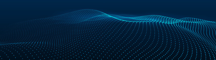 Abstract gradient dynamic wave of particles. Network of bright points or dots. Big data. Digital background. Vector