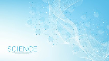 Scientific molecule background for medicine, science, technology, chemistry. Science template wallpaper or banner with a DNA molecules. Dynamic wave flow DNA. Molecular vector illustration.